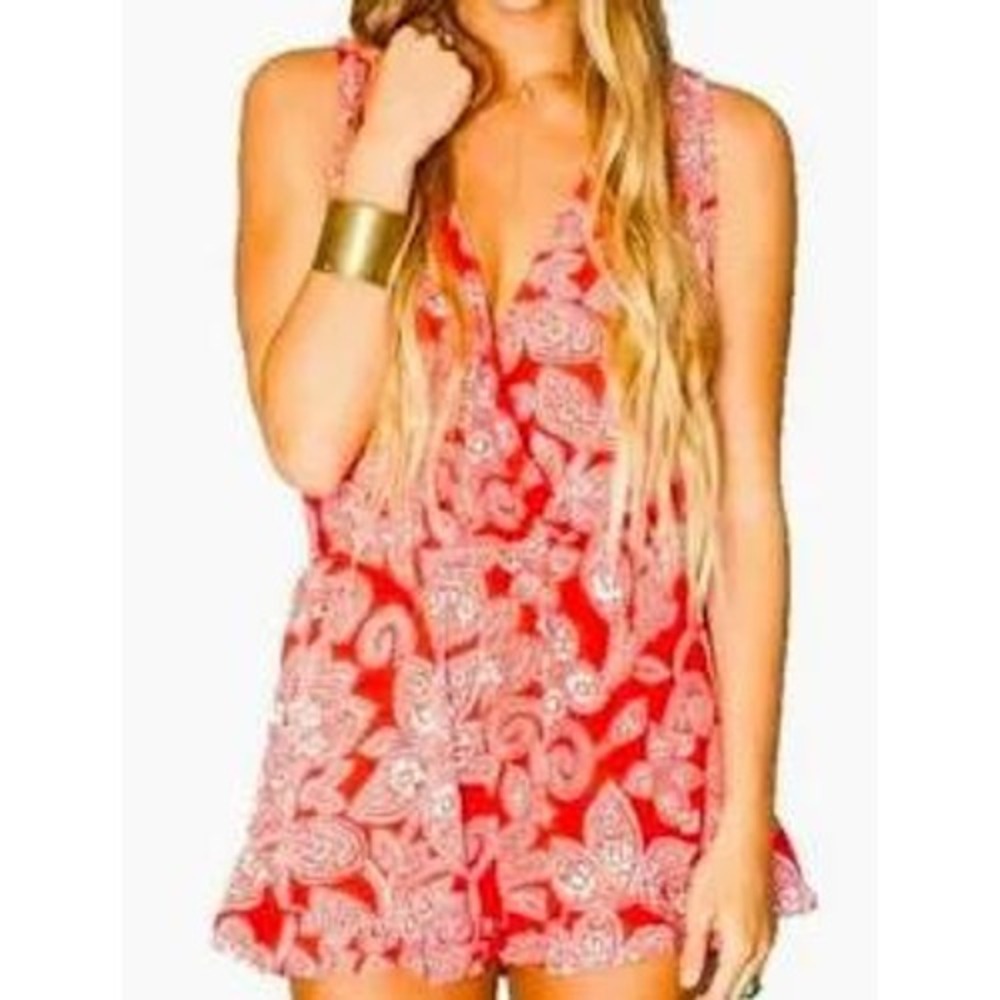 Show Me Your Mumu Romper Women XS Red Paisley Floral Surplice Boho Ruffle Summer